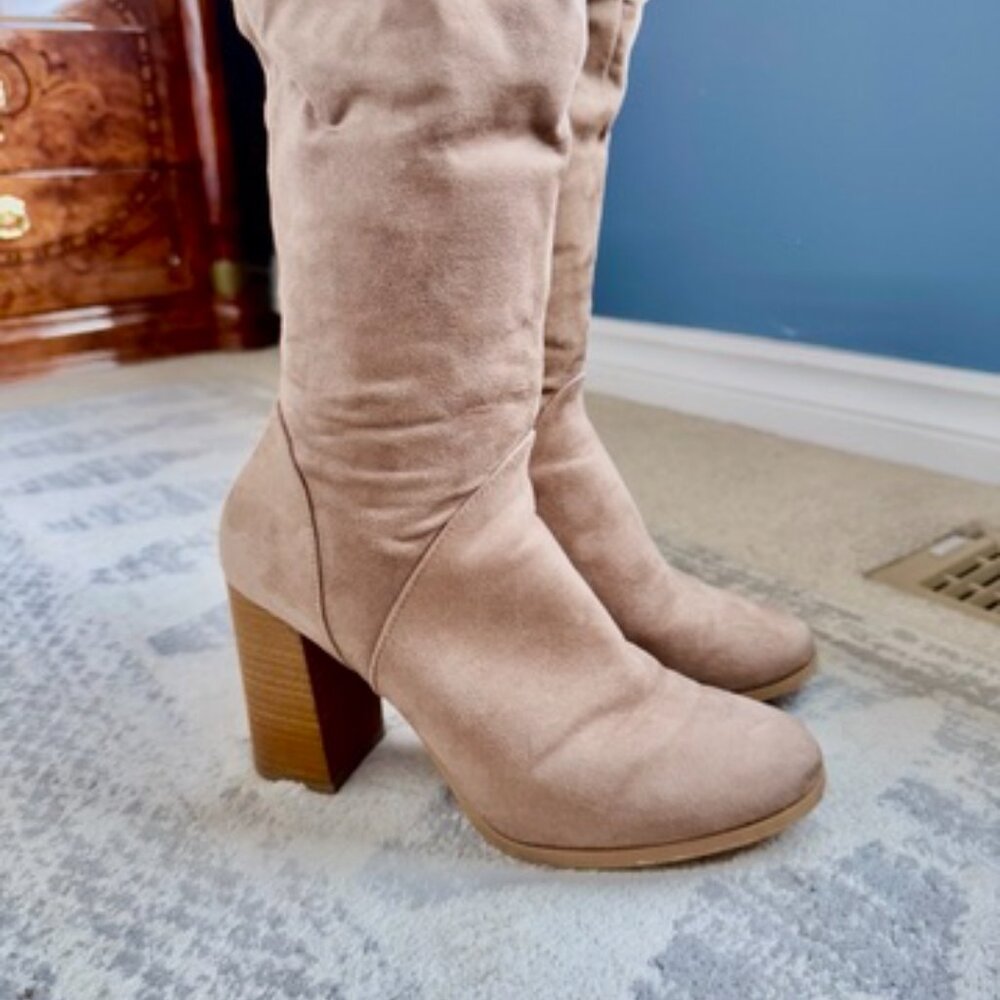 Tan Vegan Suede Over The Knee Stacked Wooden Heel Boots - Picture 5 of 8
